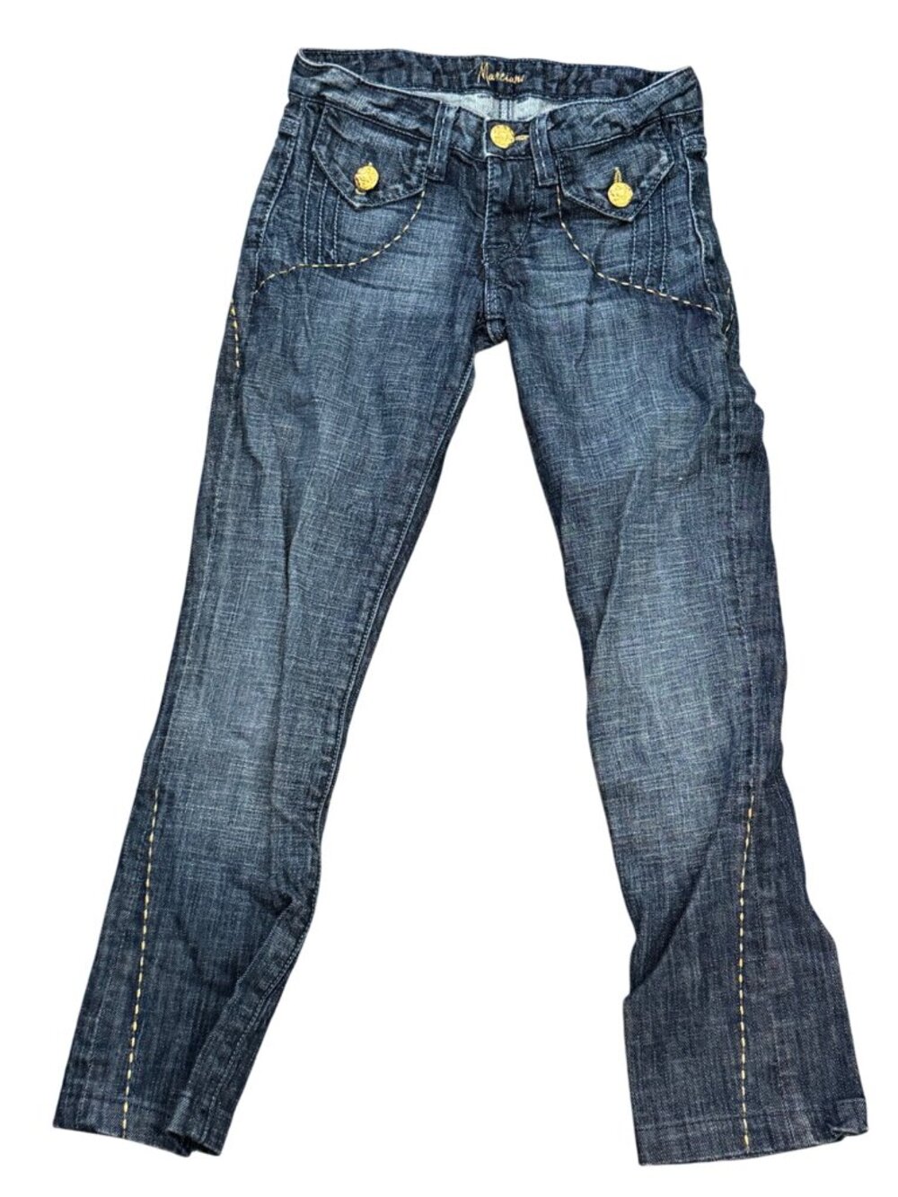 vintage Marciano Womens Denim Jeans Size 24 With Gold Stitching & Button Accents